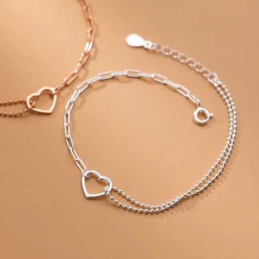 925 Silver Double Layered Chain Heart Bracelet